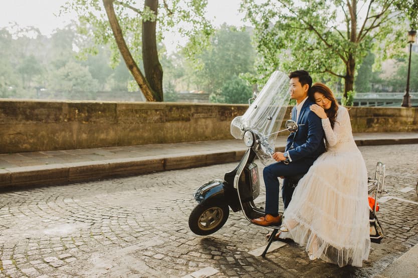 Paris Seine river pre-wedding vespa