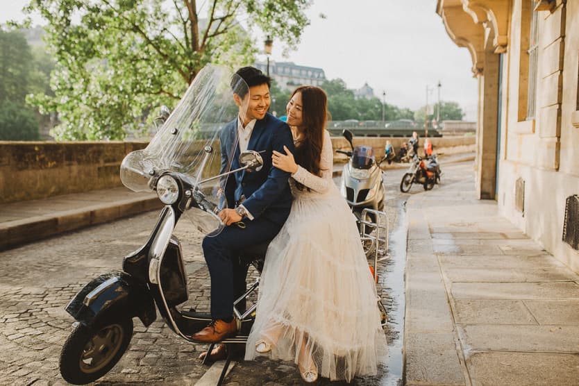 Paris Seine river pre-wedding vespa