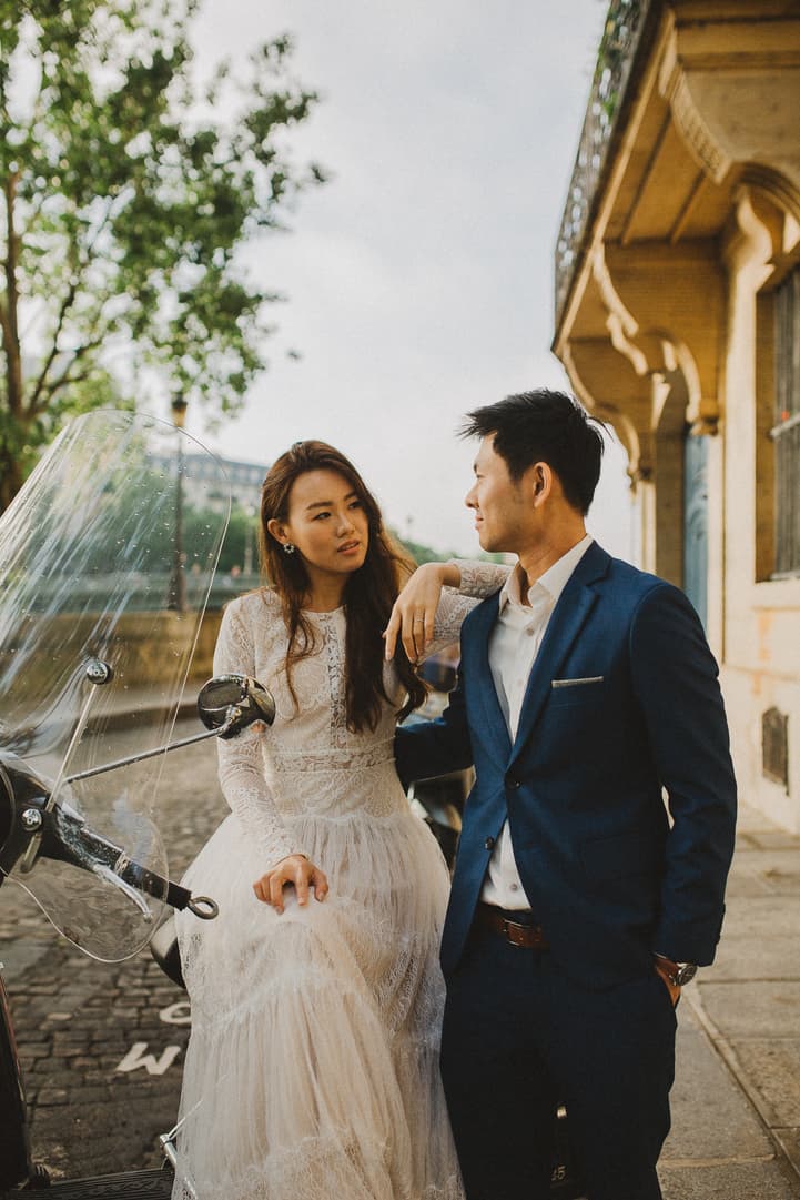 Paris Seine river pre-wedding vespa
