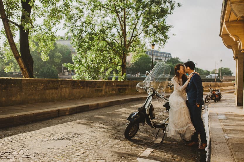 Paris Seine river pre-wedding vespa