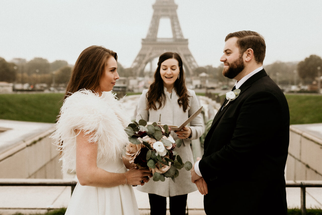 Paris Elopement with officiant in front of eiffel tower