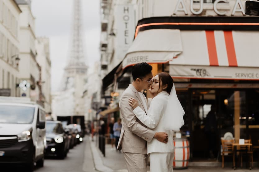 couple street style in Paris with Eiffel Tower