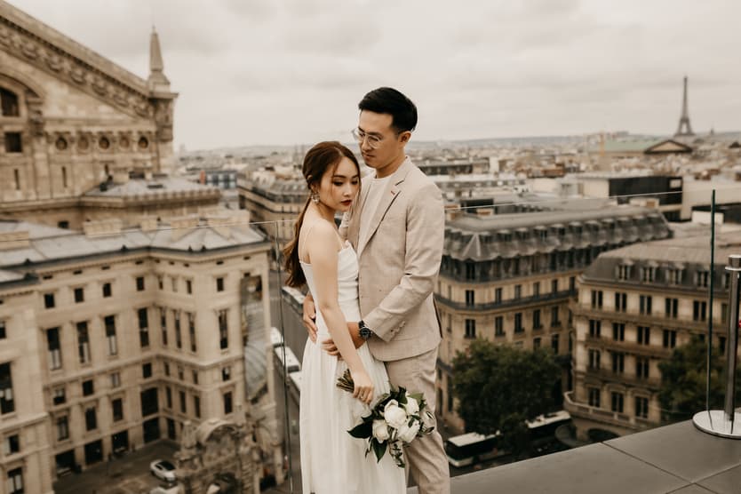 Paris rooftop couple engagement photography