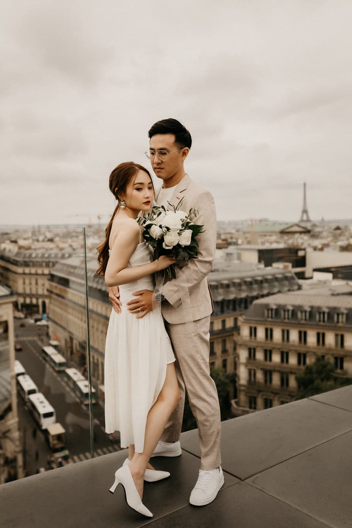 Paris rooftop couple engagement photography