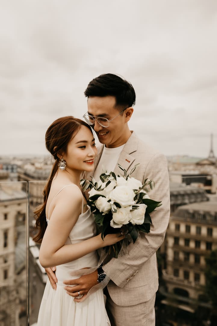 Paris rooftop couple engagement photography