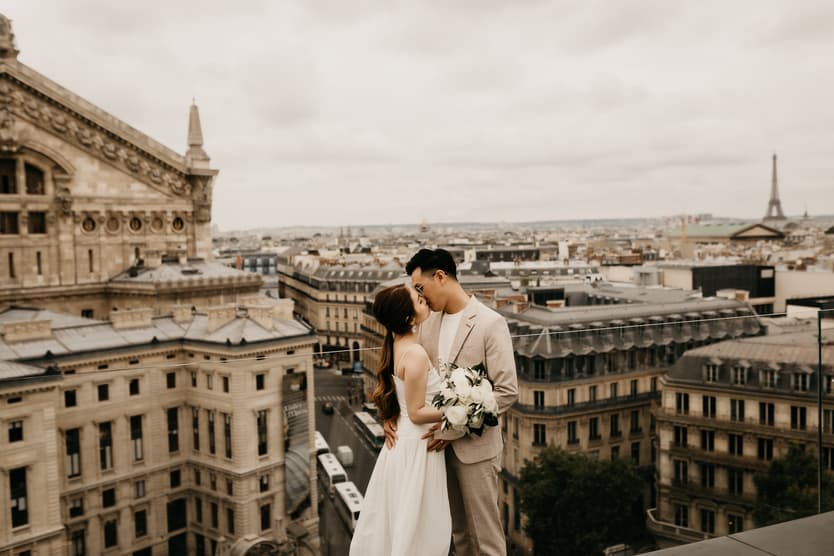 Paris rooftop couple engagement photography