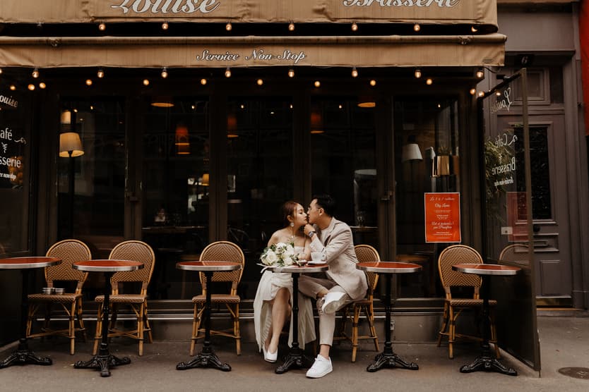 Paris Engagement Couple photos Paris Cafe