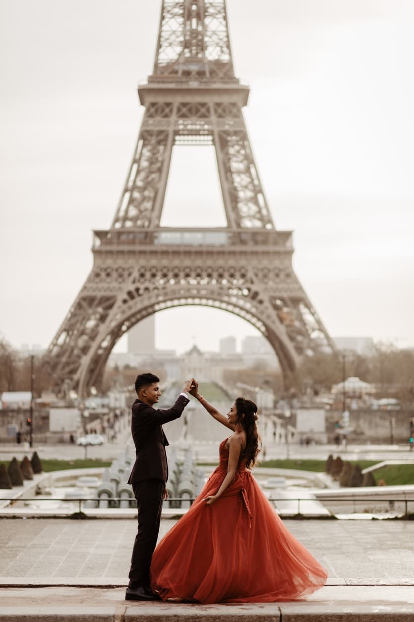 paris engagement photos indian red dress