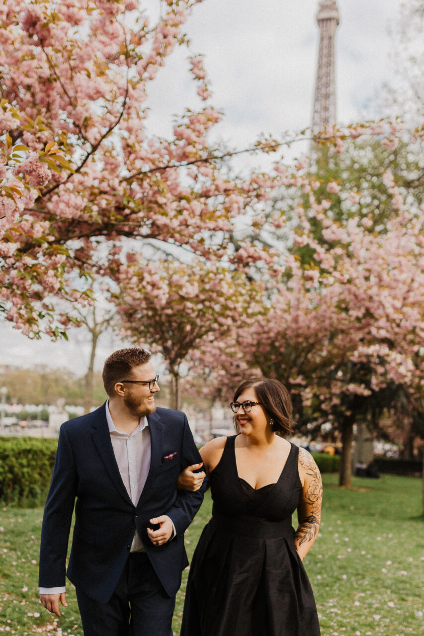 Paris elopement photographer spring cherry blossom