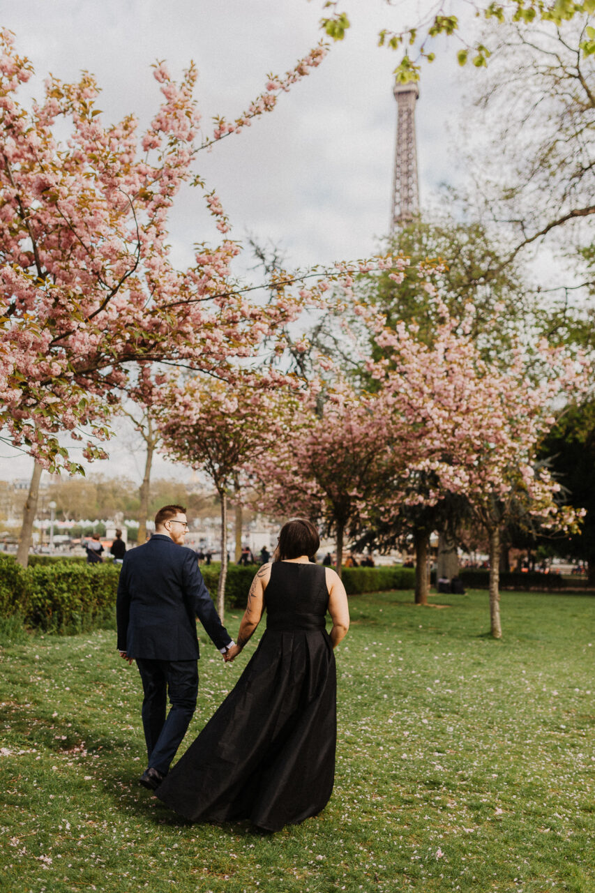 Paris elopement photographer spring cherry blossom