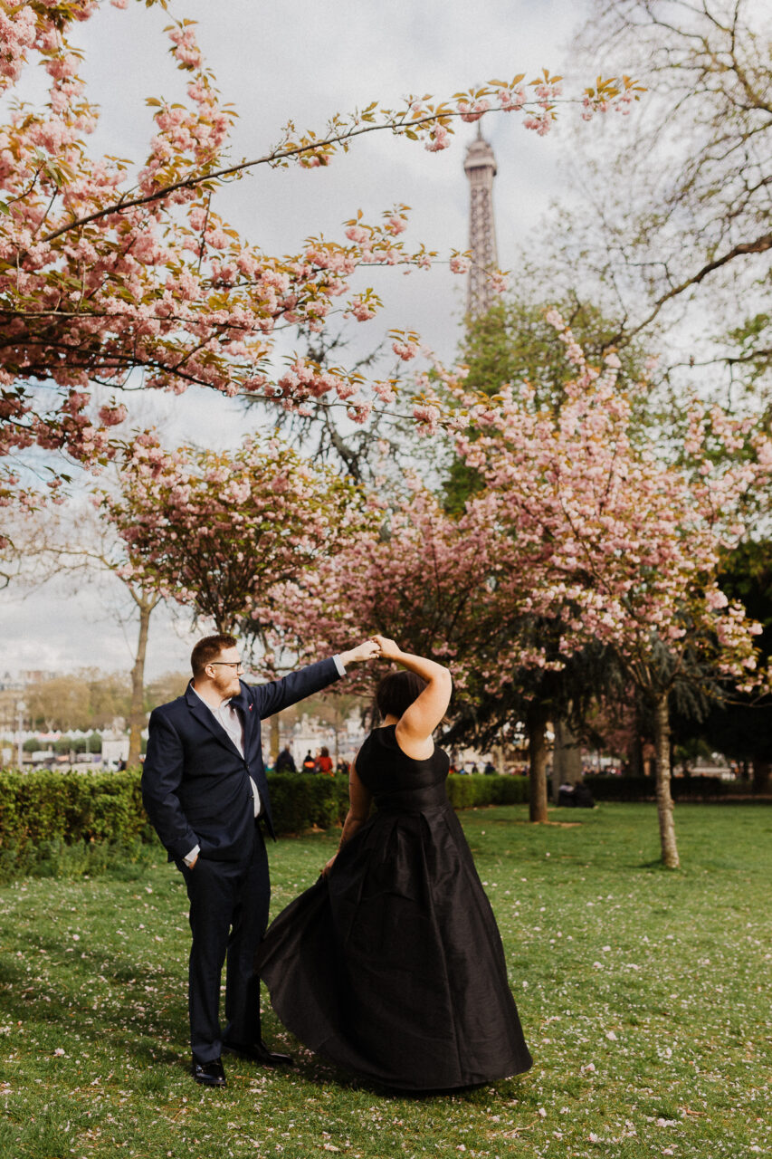 Paris elopement photographer spring cherry blossom
