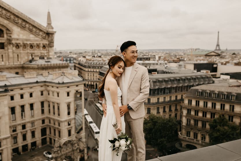 Paris rooftop eiffel tower view wedding photo