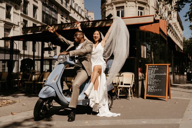 paris wedding with blue vespa mixed couple
