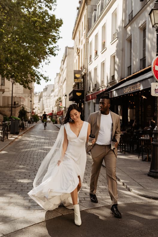 paris wedding mixed race couple with bubble tea
