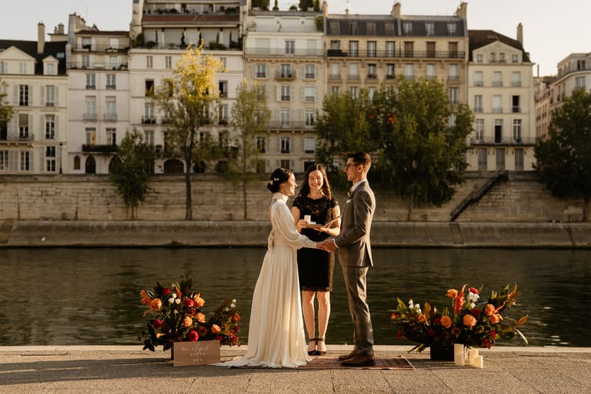 Paris elopement ceremony Seine river with officiant