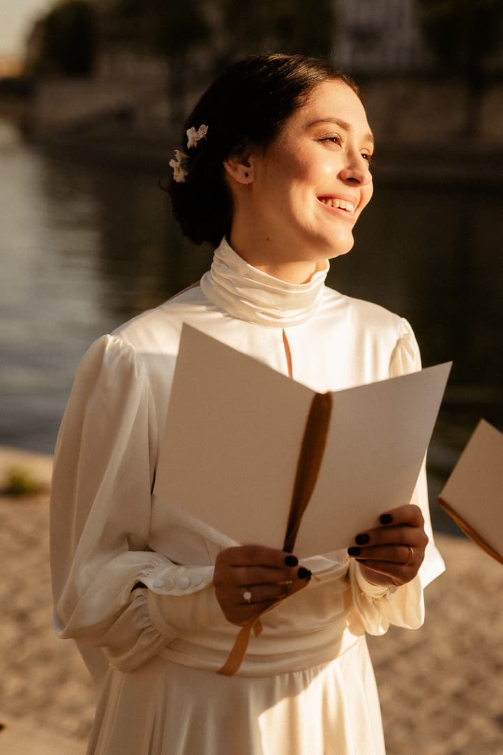 Bride smile at groom Paris wedding elopement