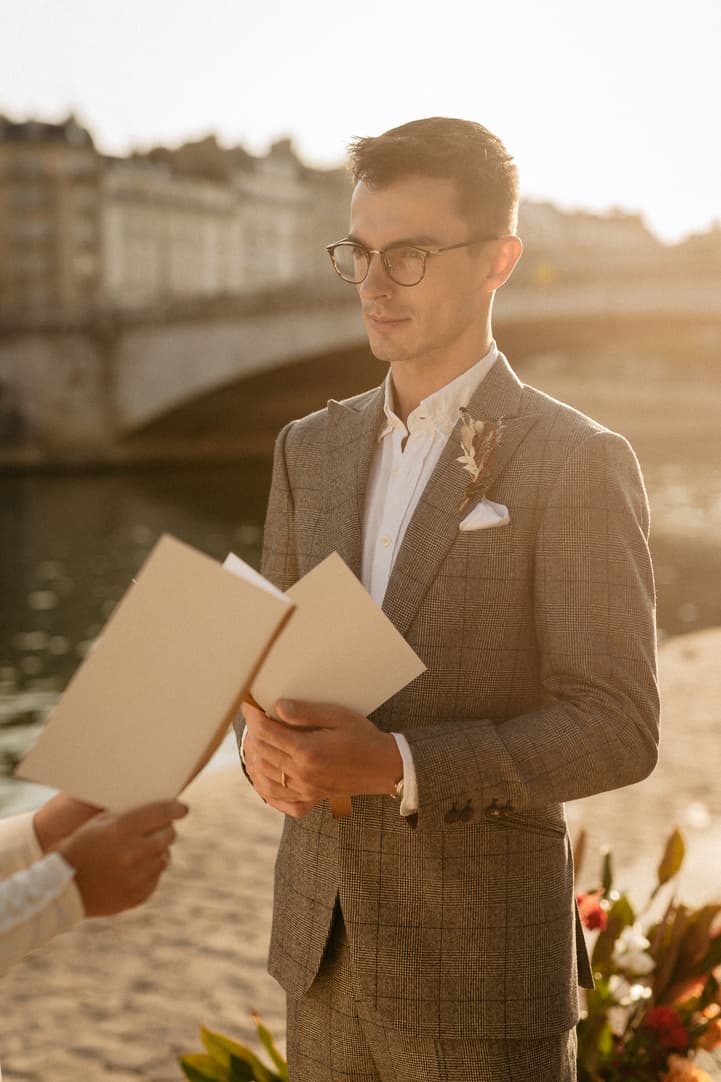 Groom in ceremony Paris wedding elopement