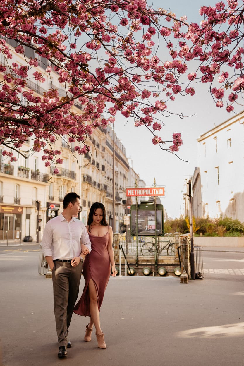 Paris spring wedding photos with cherry blossoms