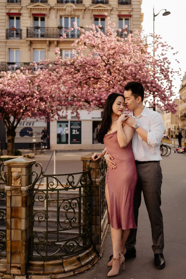 Cherry blossoms spring couple elopement wedding Paris street photoshoot