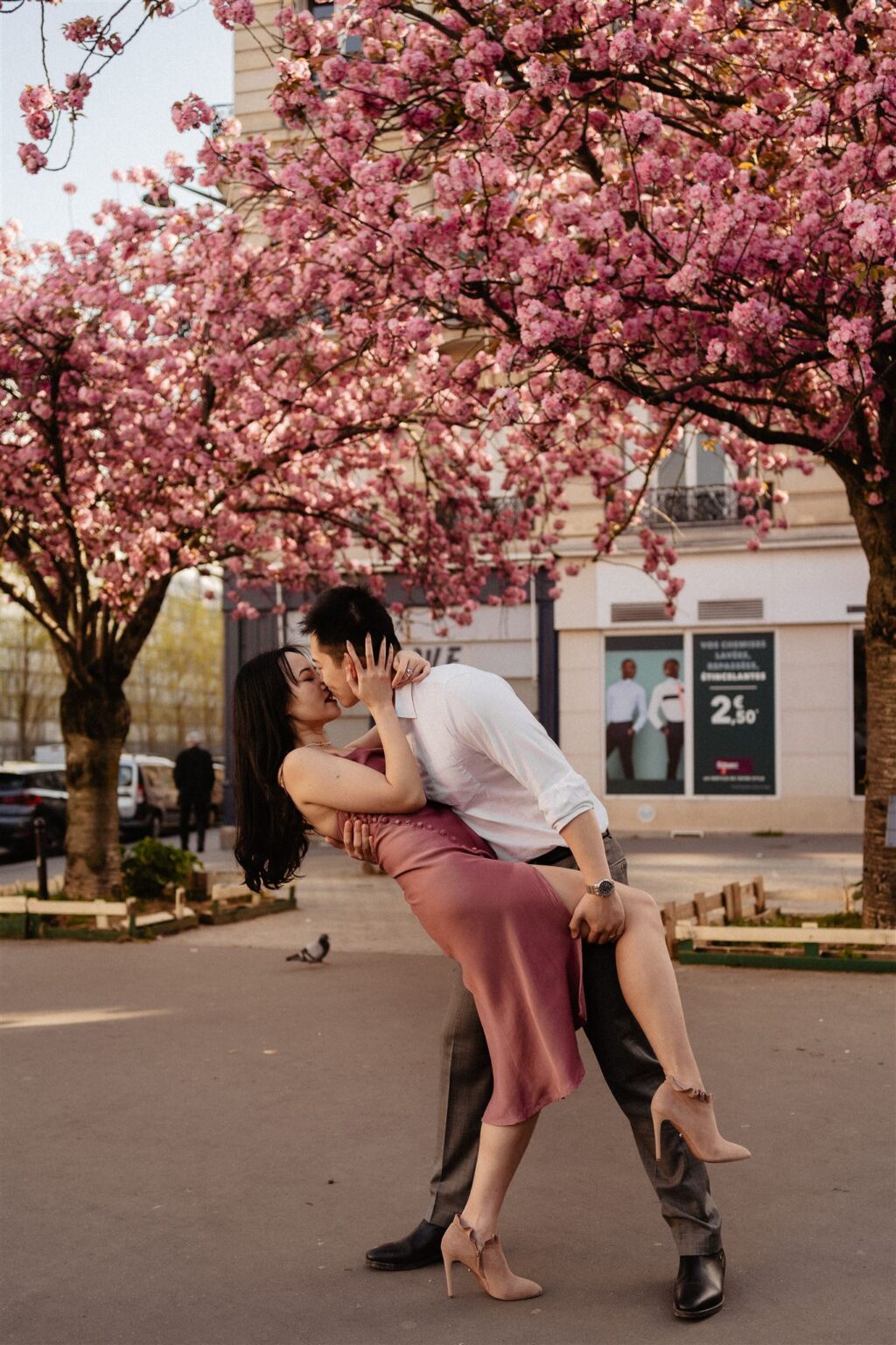 Cherry blossoms spring couple elopement wedding Paris street photoshoot