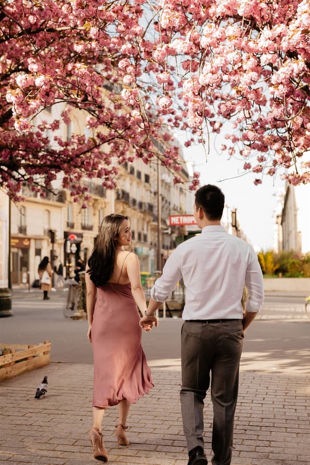 Cherry blossoms spring couple elopement wedding Paris metro station photoshoot