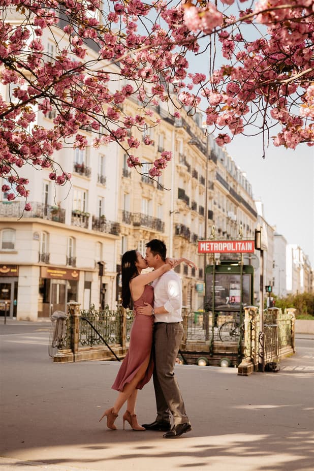 Cherry blossoms spring couple elopement wedding Paris metro station photoshoot