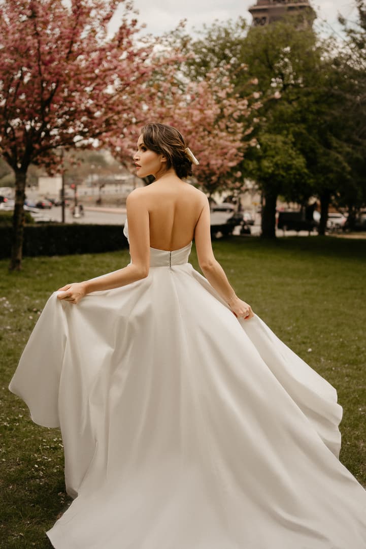 Cherry blossoms spring couple elopement wedding Paris street photoshoot