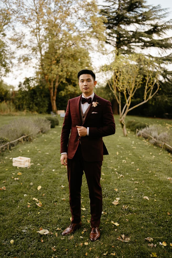 asian groom bordeaux suit