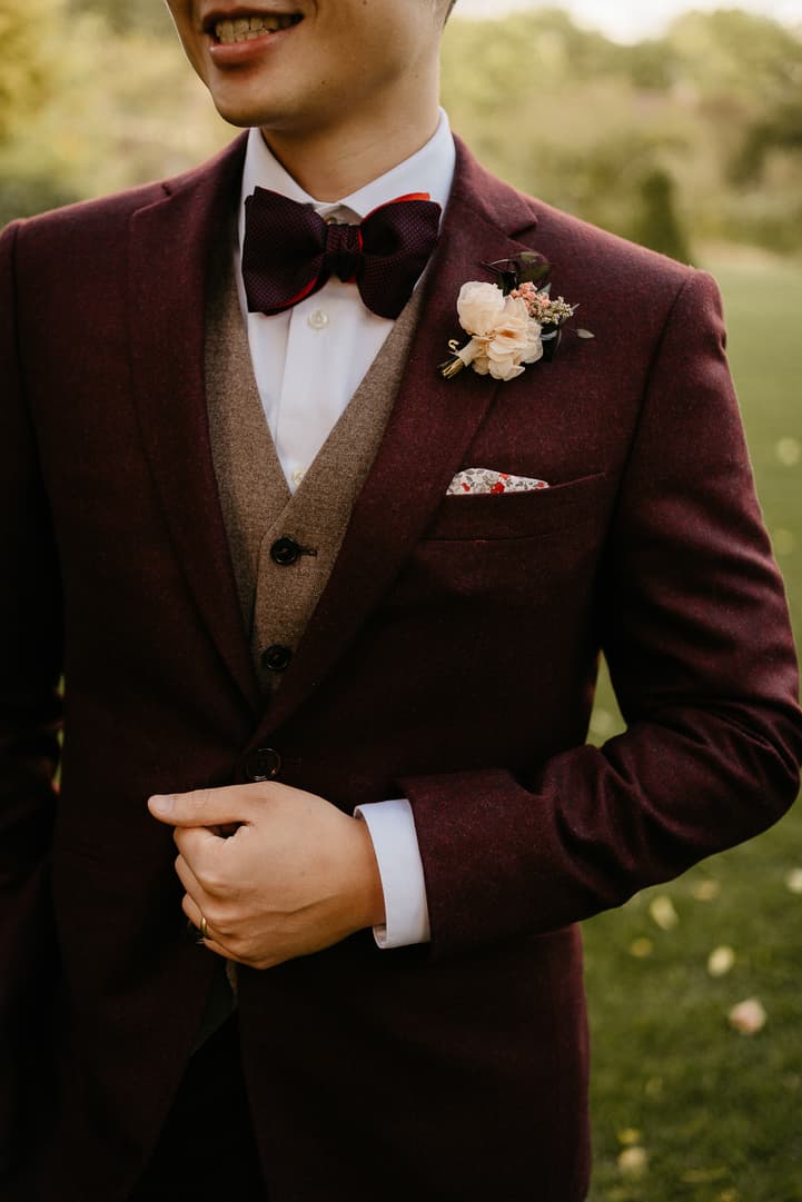 asian groom bordeaux suit