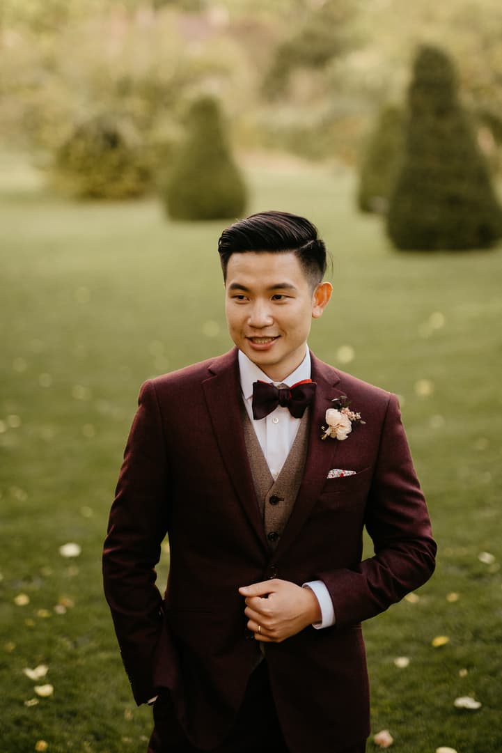 asian groom bordeaux suit