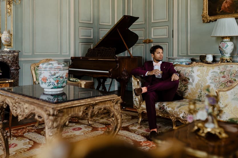 Groom luxury elopement wedding at Chateau de Villette photoshoot