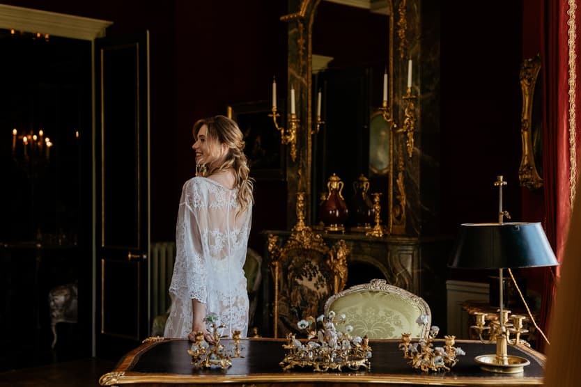 Bride preparation luxury elopement wedding photoshoot at chateau de Villette