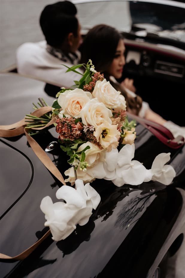 Floral details with vintage car couples shoot idea in Paris with Eiffel Tower view