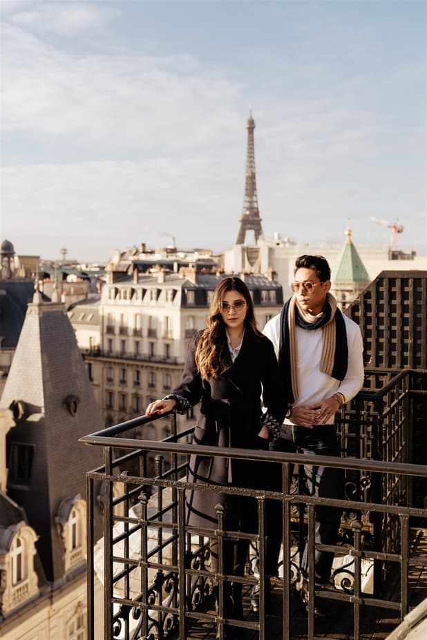 Pre-wedding couple's shoot on a private rooftop with Eiffel Tower view