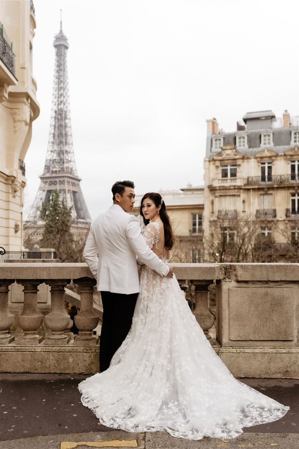 Couples Pre-wedding Romantic Shoot in Suit & Wedding Dress with Eiffel Tower View