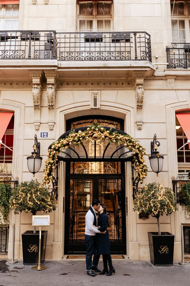 Intimate couple's pre-wedding portrait shoot with Parisian street architect