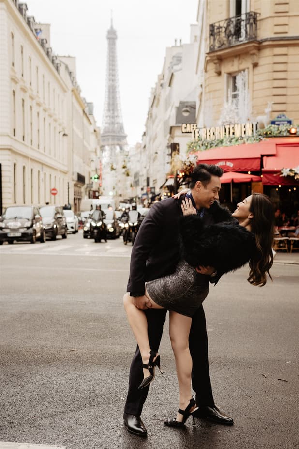Cute Couple's shoot idea in Paris with Eiffel Tower view and Cafes