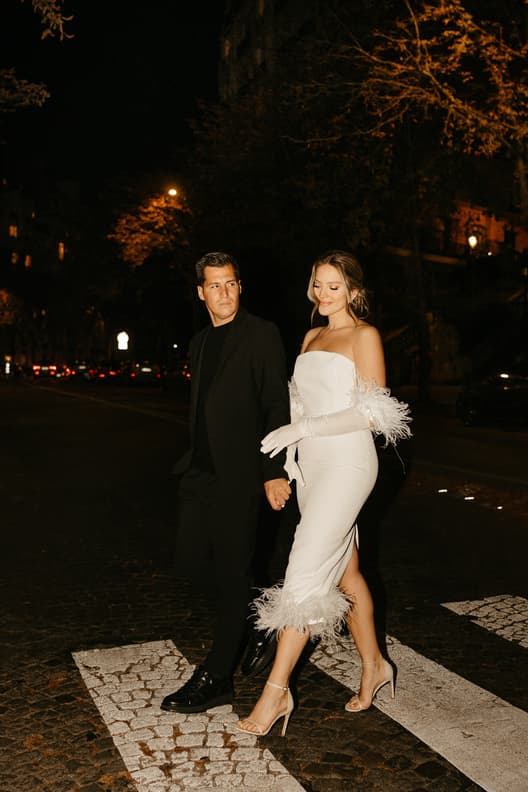 Eiffel tower backdrop couple photoshoot paris at night with high fashion couple engagement