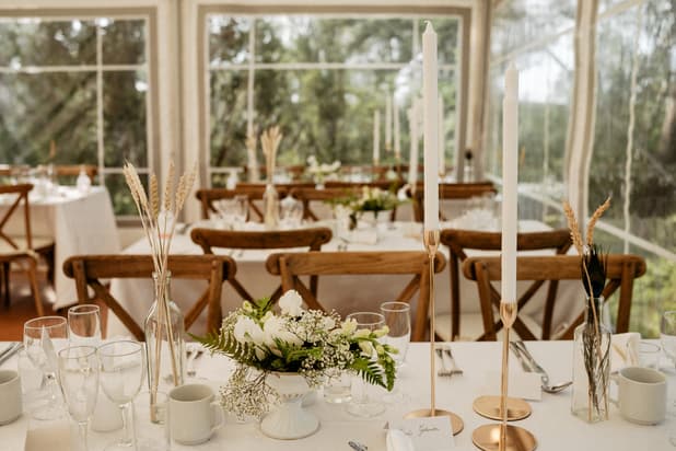 Minimalist chic boho style table decorations for dinner reception