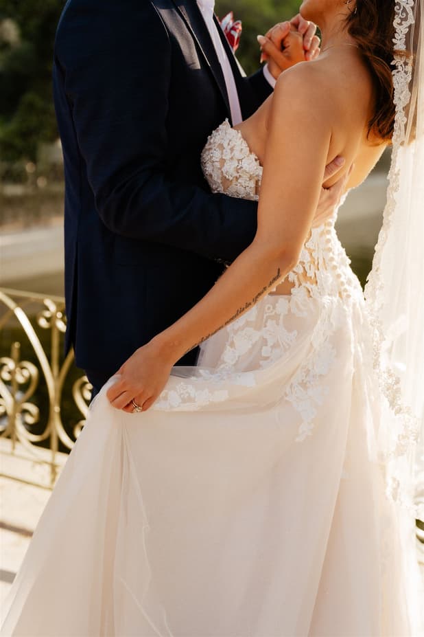 Close up shot in Luxembourg garden elopement couple + Embroidered dress