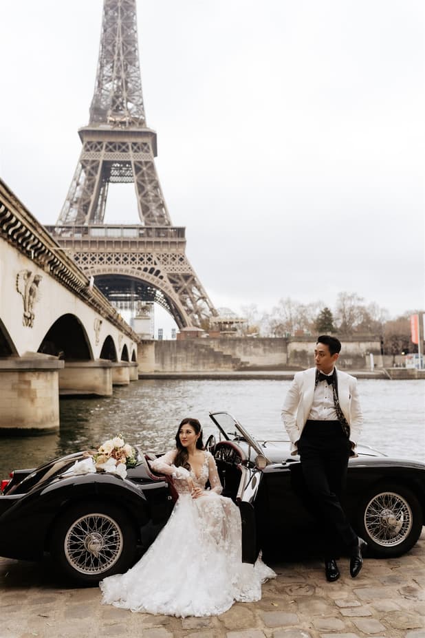 Couples Pre-wedding Photoshoot in Paris with Eiffel Tower View & Vintage Car