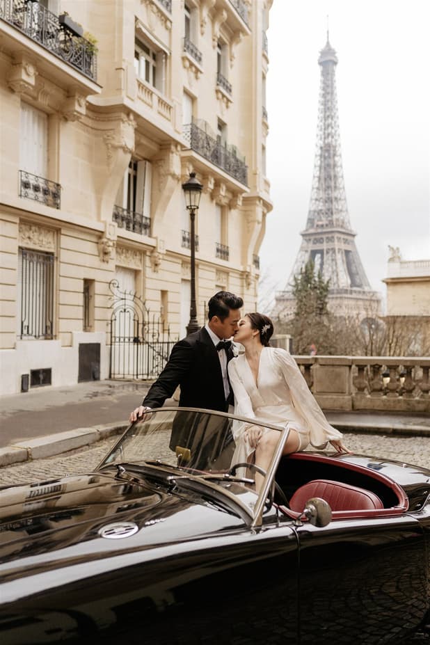 Couples Pre-wedding Photoshoot in Paris with Eiffel Tower View + Vintage Car