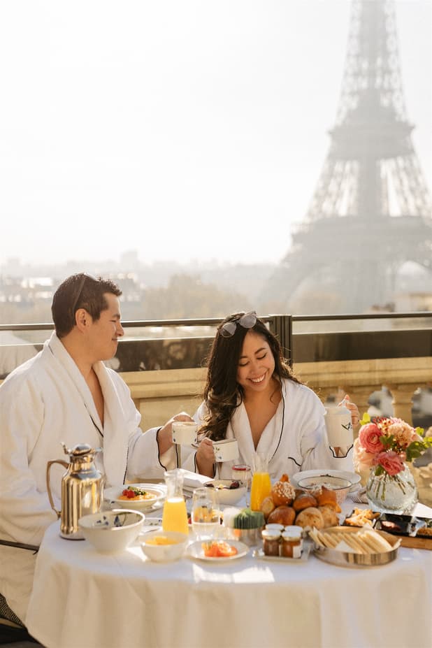 bride & groom at breakfast setup at Shangrila Paris