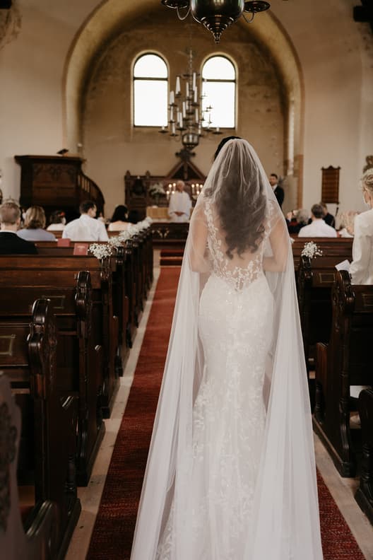 Bride Walking Down Aisle First look in Charming Swedish Castle