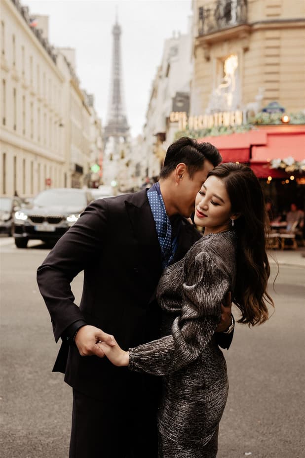Romantic & Moody Pre-wedding Shoot on the Streets of Paris hidden location with Eiffel Tower View