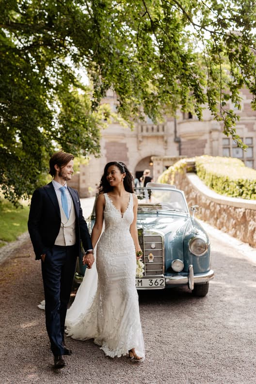 Swedish Wedding Castle shoot with vintage car in garden grounds