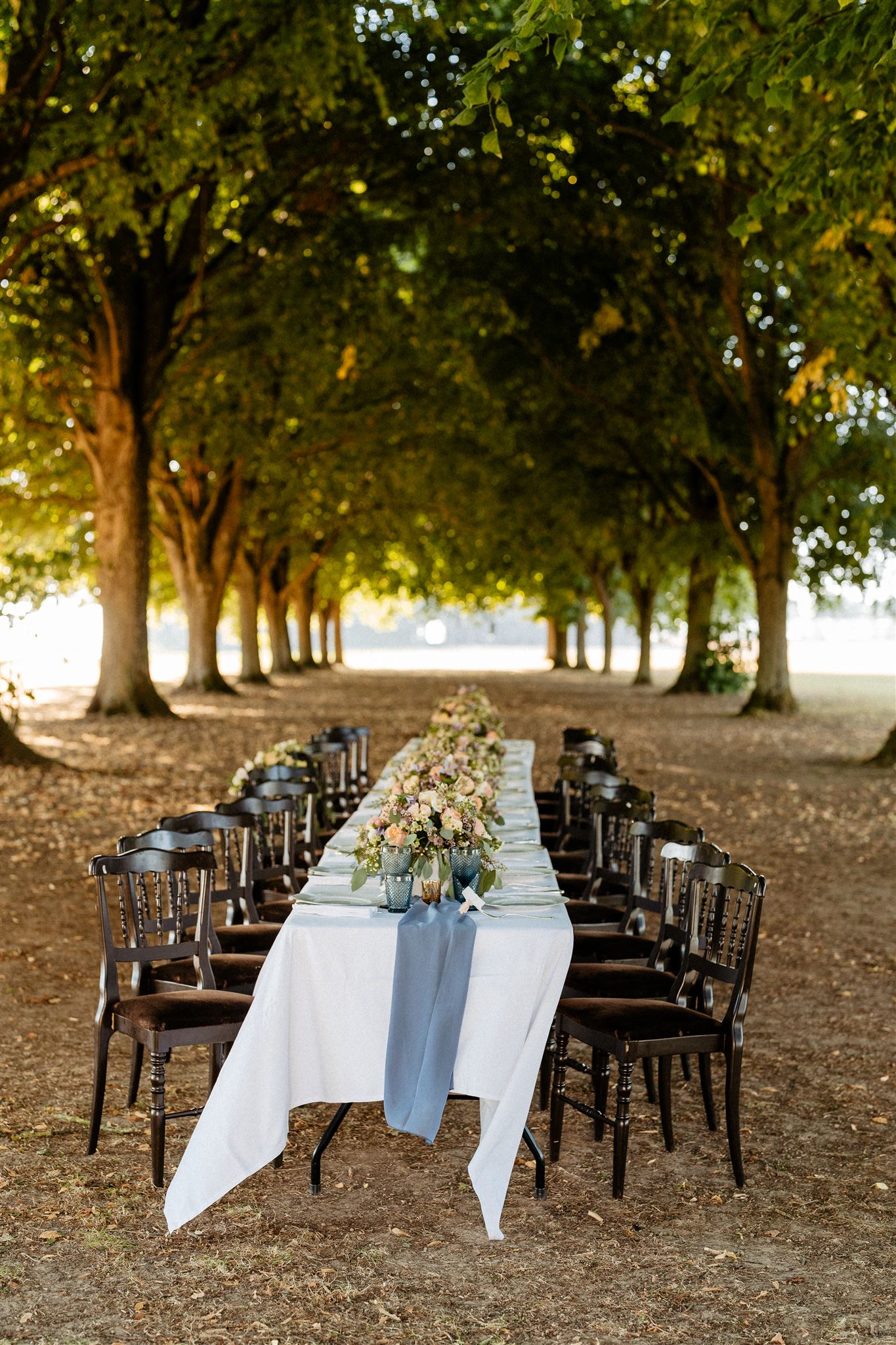 Outdoors dinner reception of Chateau wedding