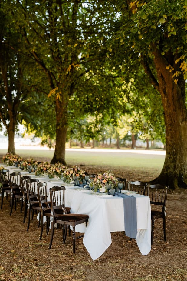 Outdoors dinner reception decor of Chateau wedding