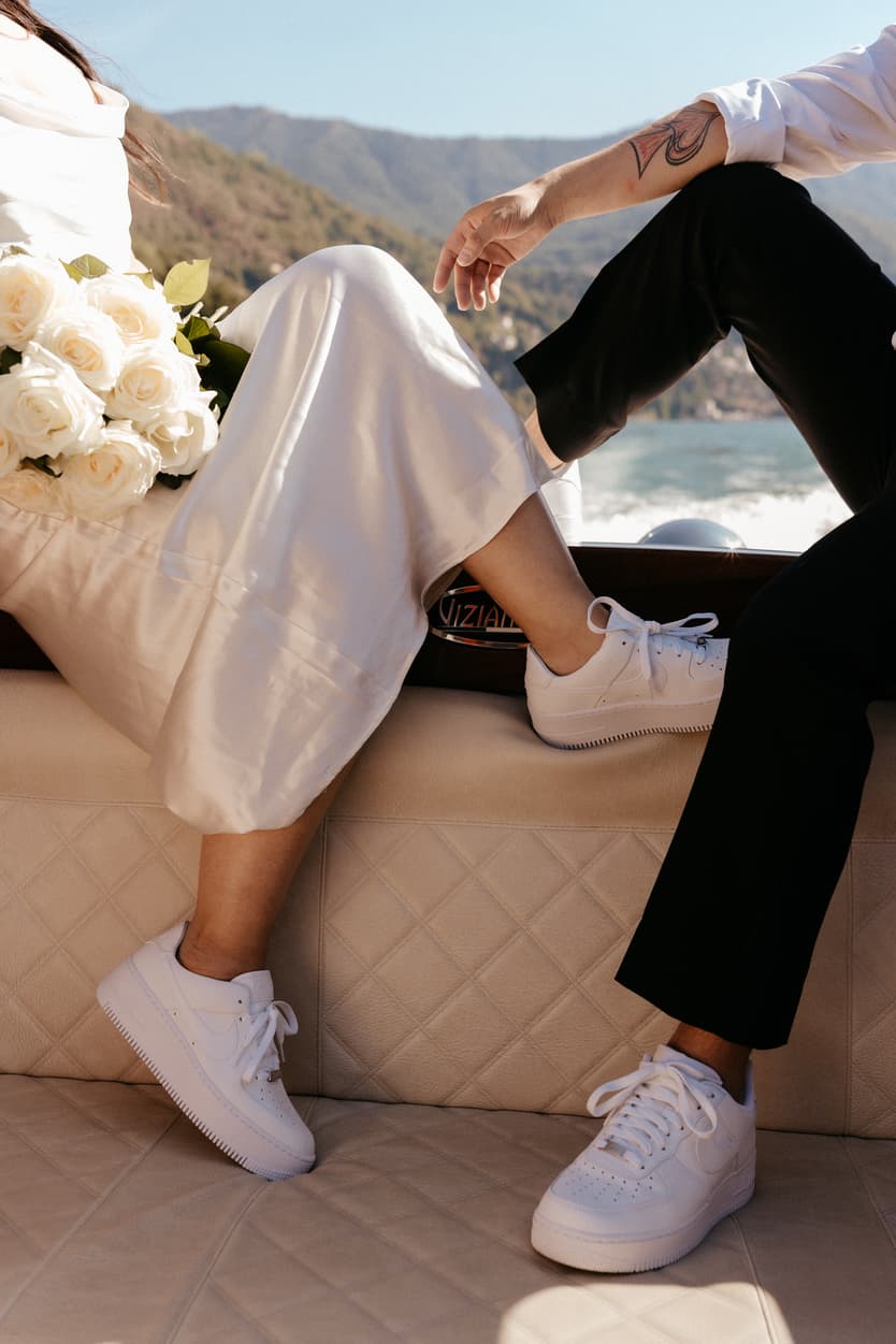 Elopement wedding Lake Como boat ride couple outfit photoshoot Italy destination wedding photographer videographer