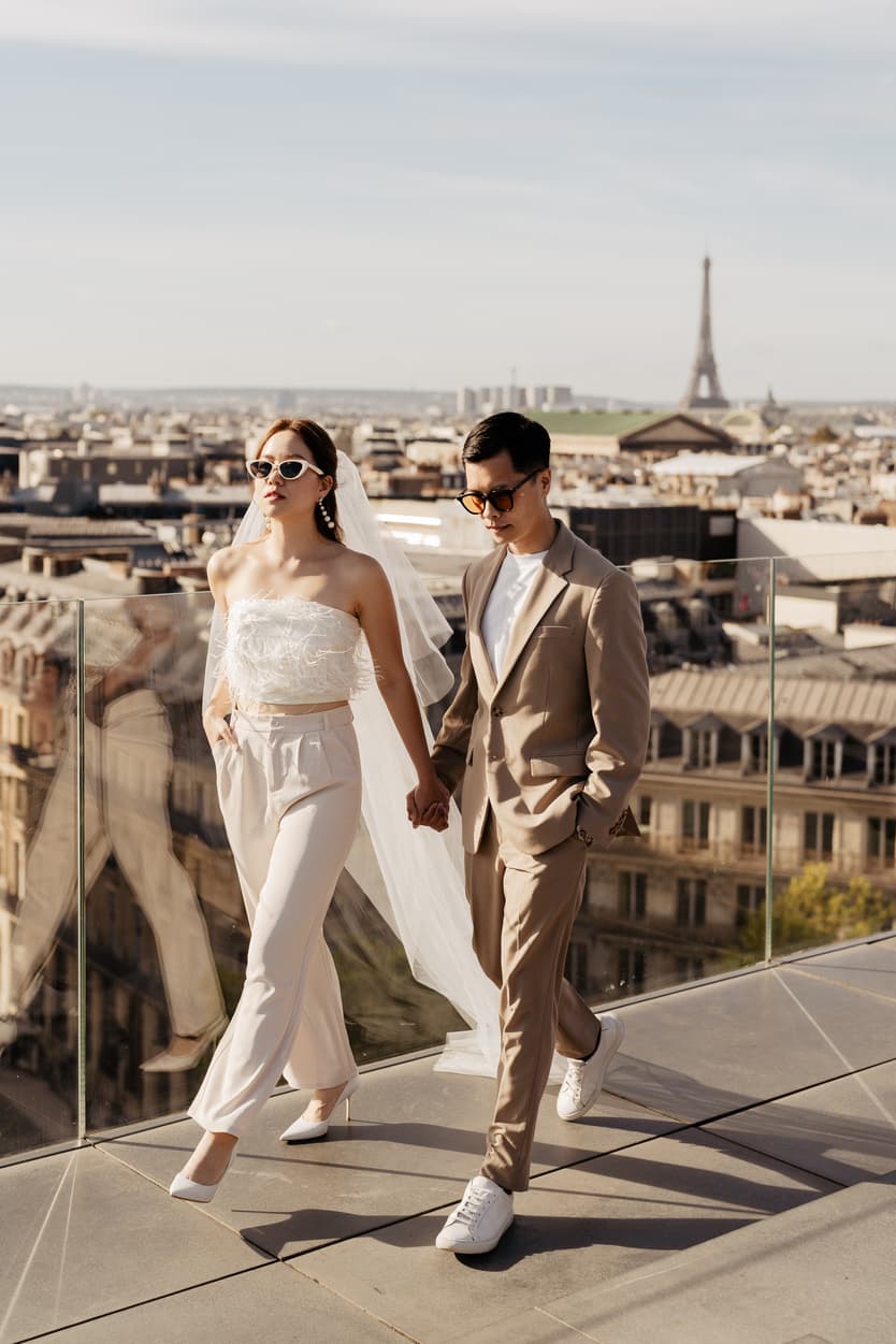 Paris Pre-wedding outfit inspiration bridal suit in white